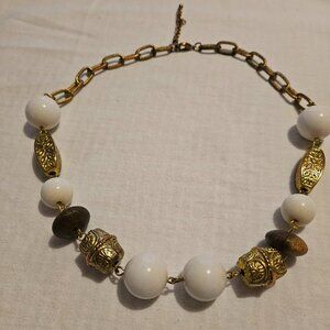 Chunky Link Necklace with White, Gold & Brown beads